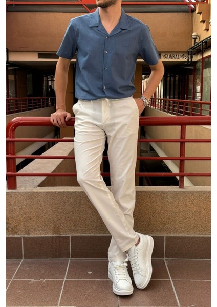 Erkek, regular-fit, lastikli, old-money culture, pamuklu, keten dokuma kumaş pantolon 24INP279