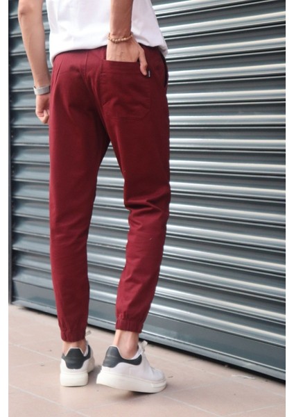 Bel ve paça lastikli, gabardin kumaş, bordo jogger pantolon modelleri