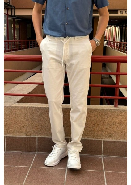Erkek, regular-fit, lastikli, old-money culture, pamuklu, keten dokuma kumaş pantolon 24INP279 fırsatları