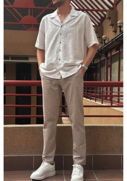 Erkek, bel lastikli, keten görünümlü, standart fit, bağcıklı dokuma pantolon 216-2