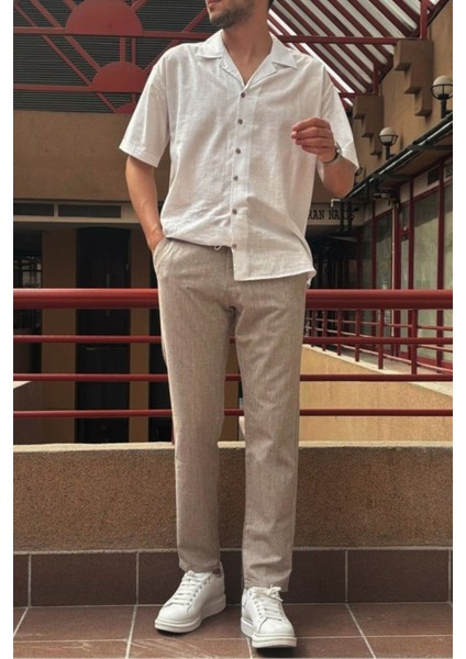 Erkek, bel lastikli, keten görünümlü, standart fit, bağcıklı dokuma pantolon 216-2 fiyatları