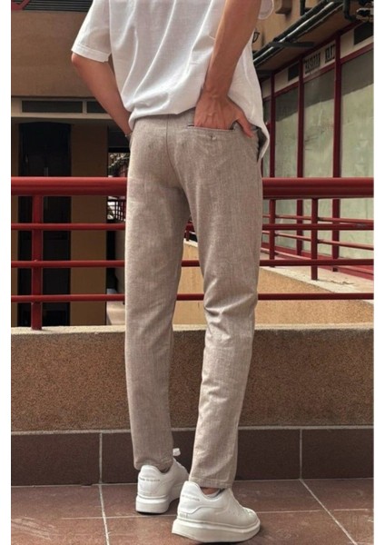 Erkek, bel lastikli, keten görünümlü, standart fit, bağcıklı dokuma pantolon 216-2 modelleri