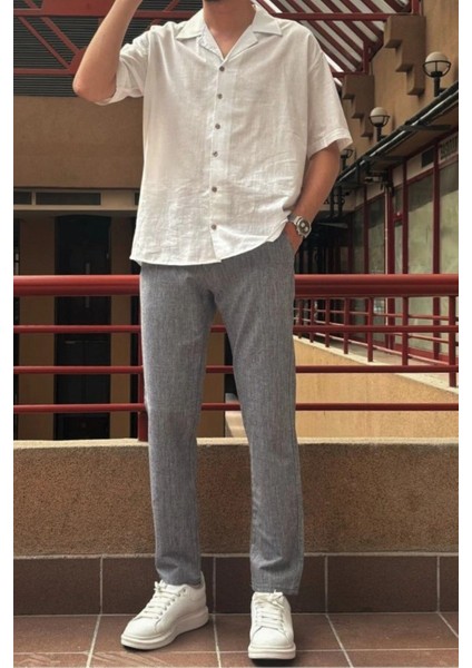 Erkek, bel lastikli, keten görünümlü, standart fit, bağcıklı dokuma pantolon 216-2