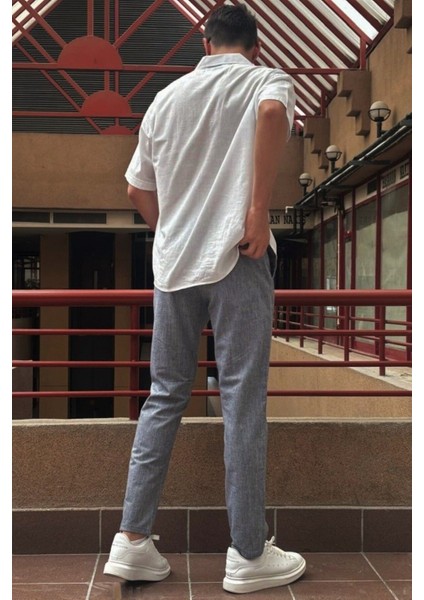 Erkek, bel lastikli, keten görünümlü, standart fit, bağcıklı dokuma pantolon 216-2 modelleri