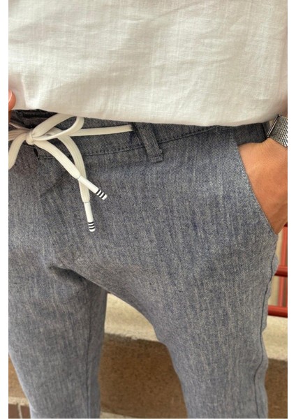 Erkek, bel lastikli, keten görünümlü, standart fit, bağcıklı dokuma pantolon 216-2 fırsatları