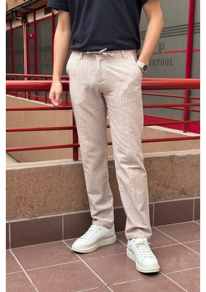 Erkek, Bel Bağcıklı, Çizgi Desenli Pantolon