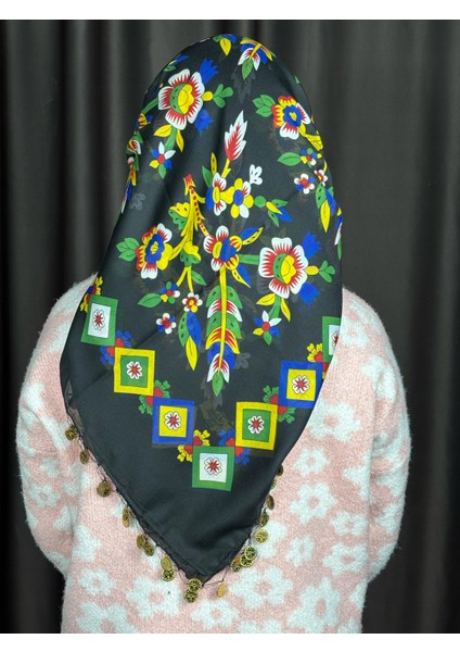 Siyah Pullu Tokat Yazması Çengelköy Deseni 100X100 cm Çeyizlik Yazma