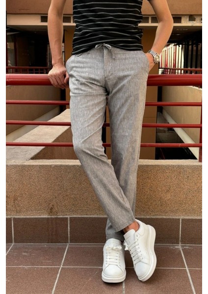 Erkek, regular-fit, lastikli, old-money culture, pamuklu, keten dokuma kumaş pantolon 24INP279