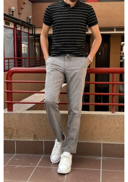 Erkek, regular-fit, lastikli, old-money culture, pamuklu, keten dokuma kumaş pantolon 24INP279 modelleri