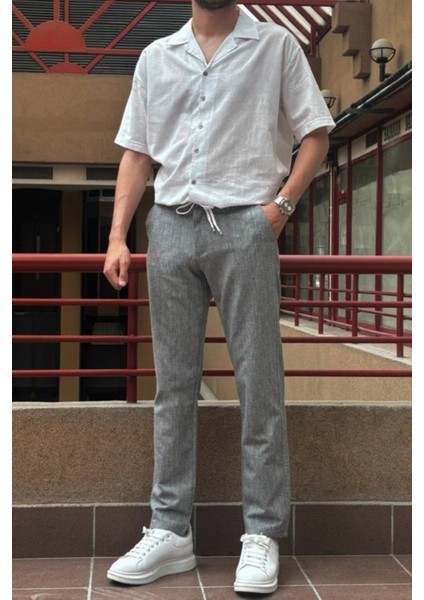 Erkek, bel lastikli, keten görünümlü, standart fit, bağcıklı dokuma pantolon 216-2