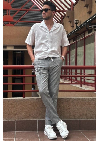 Erkek, bel lastikli, keten görünümlü, standart fit, bağcıklı dokuma pantolon 216-2 fiyatları