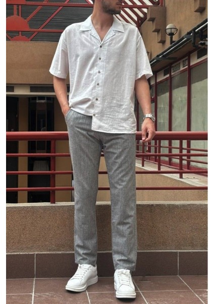 Erkek, bel lastikli, keten görünümlü, standart fit, bağcıklı dokuma pantolon 216-2 modelleri