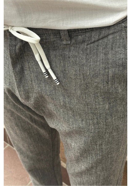 Erkek, bel lastikli, keten görünümlü, standart fit, bağcıklı dokuma pantolon 216-2 fırsatları