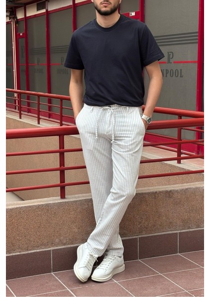 Erkek, Bel Bağcıklı, Çizgi Desenli Pantolon