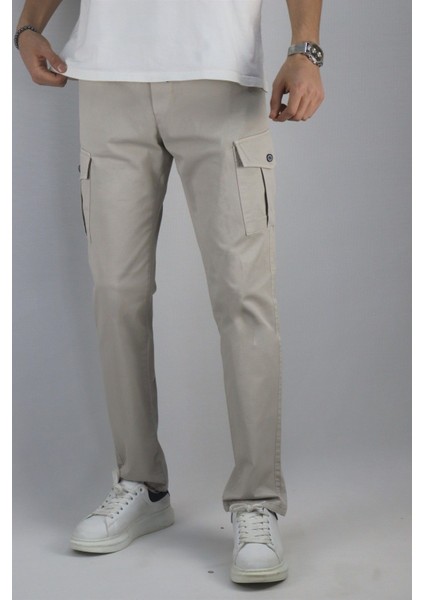 Bel bağcıklı, Pamuklu gabardin kumaş, Oversize-Regular fit kargo cep pantolon 256