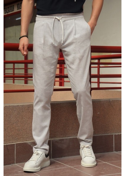 Erkek, pile detaylı beli bağcıklı-lastikli, pamuklu pantolon