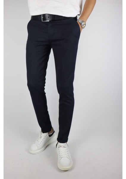 Erkek, Slim Fit, Kare Desenli, Duble Paça, Kumaş Pantolon