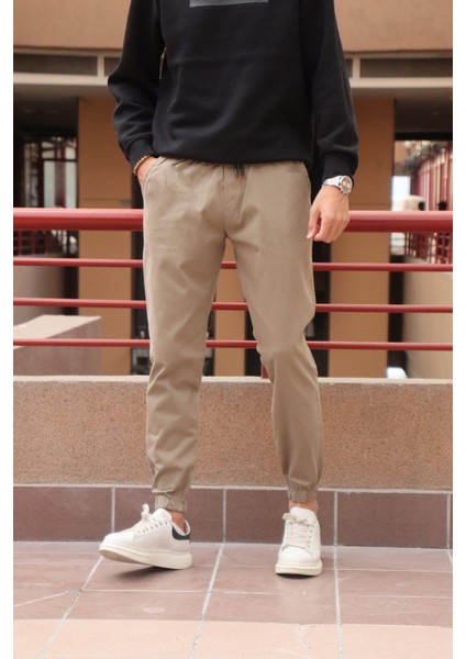 Bel ve paça lastikli, gabardin kumaş, taş jogger pantolon fırsatları