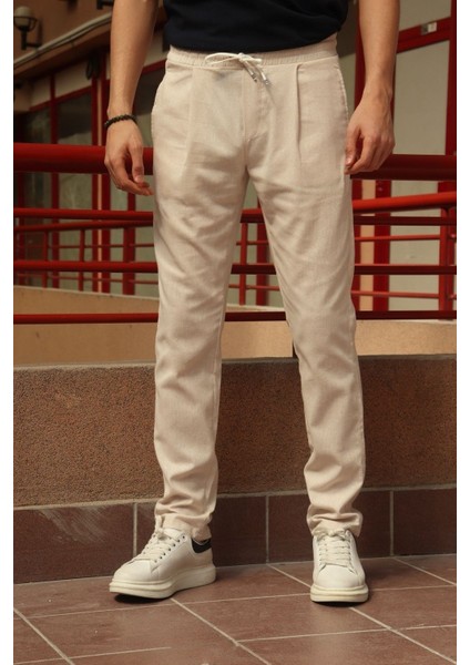 Erkek, pile detaylı beli bağcıklı-lastikli, pamuklu pantolon