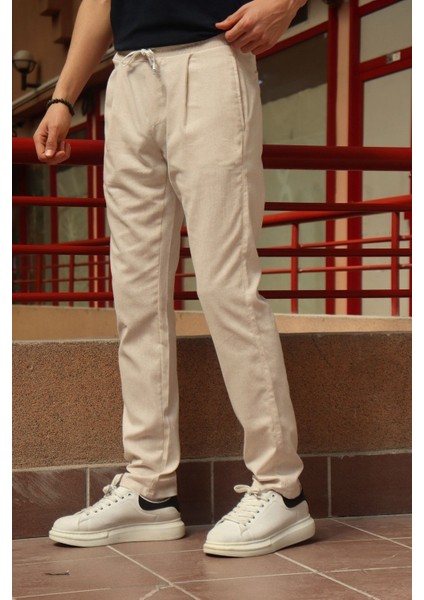 Erkek, pile detaylı beli bağcıklı-lastikli, pamuklu pantolon fiyatları