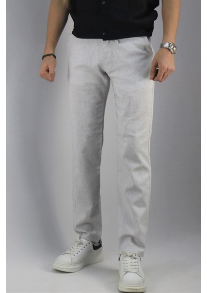 Erkek, Bel Bağcıklı, Standart-fit, Pamuklu, Keten Dokuma Pantolon