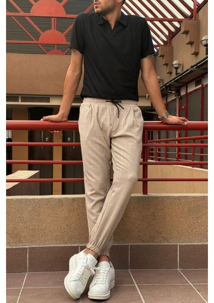 Erkek, bel bağcıklı, ekose desenli, Esnek kumaş, Pile detaylı, Jogger pantolon 24INP199K