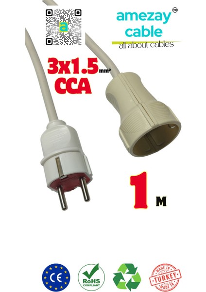 1 Metre Uzatma Kablosu Tek Prizli Cca 3x1.5mm² | Kısa Mesafe Atlatma Kablosu| Amezay Cable