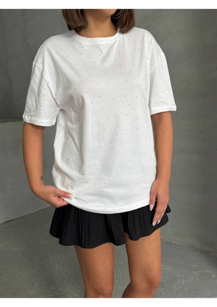 Kadın Kısa Kollu Bisiklet Yaka Taş Işlemeli Salaş Basic Tshirt G1801
