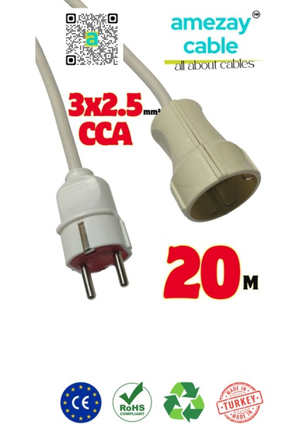 20 Metre Uzatma Kablosu Tek Prizli Cca 3x2.5mm² | Tamir Bakımda Yardımcı | Amezay Cable