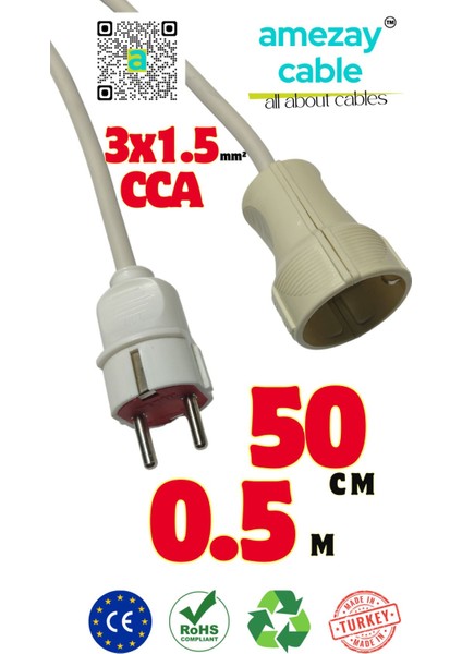 50 Santim Uzatma Kablosu Tek Prizli Cca 3x1.5mm² | Kısa Mesafe Atlatma Kablosu| Amezay Cable
