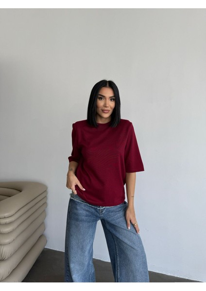 Kadın Kısa Kol Bisiklet Yaka Omzu Vatkalı Modal Kumaş Dokulu Salaş Tshirt ML4300 fiyatları