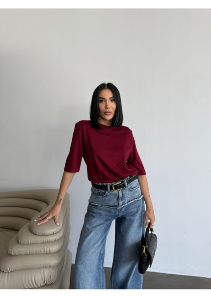 Kadın Kısa Kol Bisiklet Yaka Omzu Vatkalı Modal Kumaş Dokulu Salaş Tshirt ML4300 fırsatları