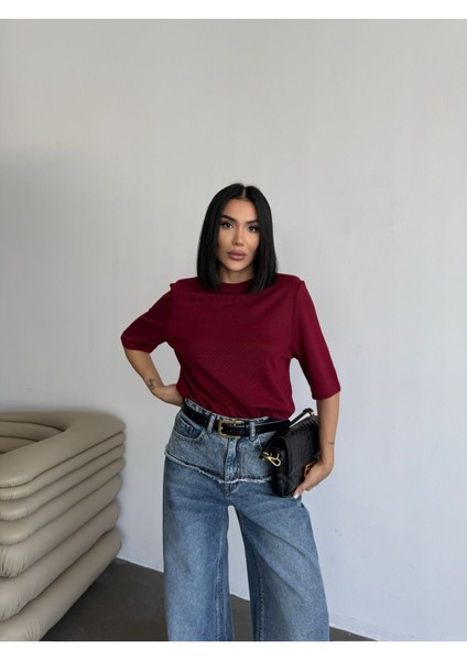 Kadın Kısa Kol Bisiklet Yaka Omzu Vatkalı Modal Kumaş Dokulu Salaş Tshirt ML4300 indirimleri