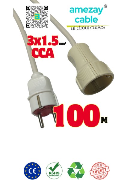 100 Metre Uzatma Kablosu Tek Prizli Cca 3x1.5mm² | Tamir Bakımda Yardımcı | Amezay Cable