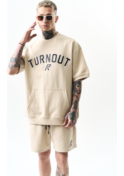 Turnout Nakışlı Interlok Oversize Şort Takım Bej