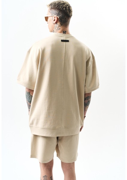 Turnout Nakışlı Interlok Oversize Şort Takım Bej modelleri