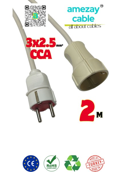 2 Metre Uzatma Kablosu Tek Prizli Cca 3x2.5mm² | Her Eve Lazım | Amezay Cable