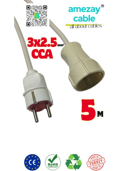 5 Metre Uzatma Kablosu Tek Prizli Cca 3x2.5mm²| Bağ Bahçe Balkon | Amezay Cable