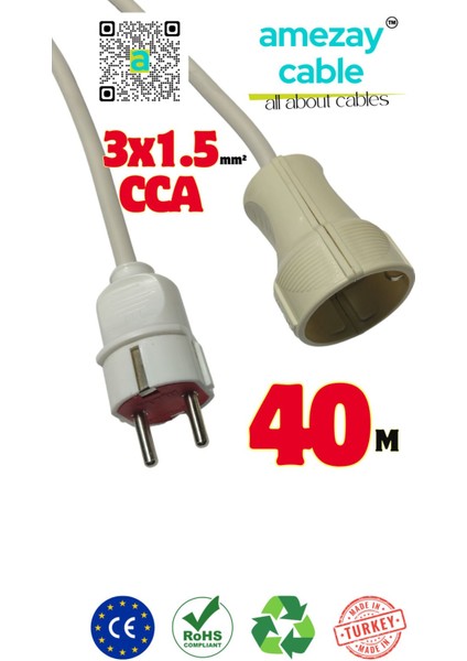 40 Metre Uzatma Kablosu Tek Prizli Cca 3x1.5mm² | Tamir Bakımda Yardımcı | Amezay Cable