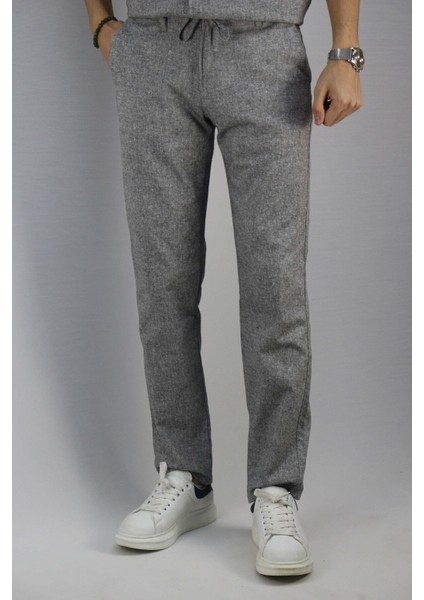 Erkek, Bel Bağcıklı, Standart-fit, Pamuklu, Keten Dokuma Pantolon