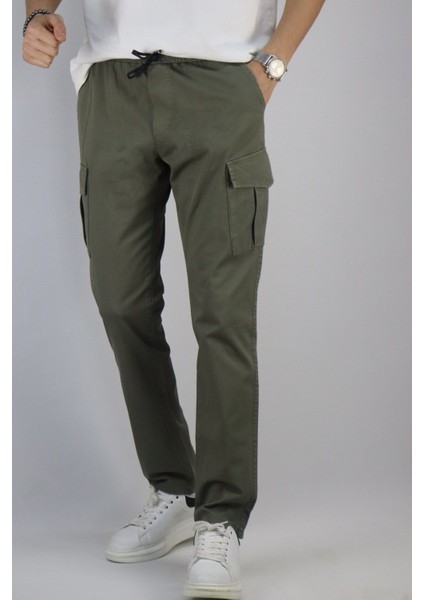 Bel bağcıklı, Pamuklu gabardin kumaş, Oversize-Regular fit kargo cep pantolon 256