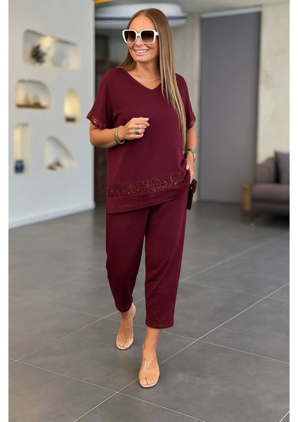 Kadın Kısa Kollu V Yakalı Pul Payetli Viskon Iki Iplik Bluz ve Pantolon Ikili Takım fiyatları
