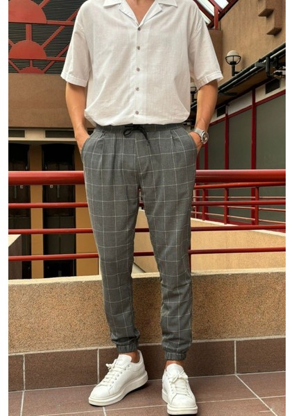 Erkek, bel bağcıklı, ekose desenli, Esnek kumaş, Pile detaylı, Jogger pantolon 24INP199K