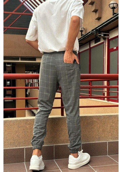 Erkek, bel bağcıklı, ekose desenli, Esnek kumaş, Pile detaylı, Jogger pantolon 24INP199K modelleri
