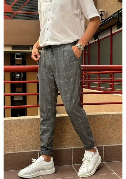 Erkek, bel bağcıklı, ekose desenli, Esnek kumaş, Pile detaylı, Jogger pantolon 24INP199K fırsatları
