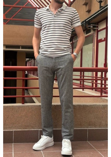 Erkek, bel lastikli, keten görünümlü, standart fit, bağcıklı dokuma pantolon 216-2