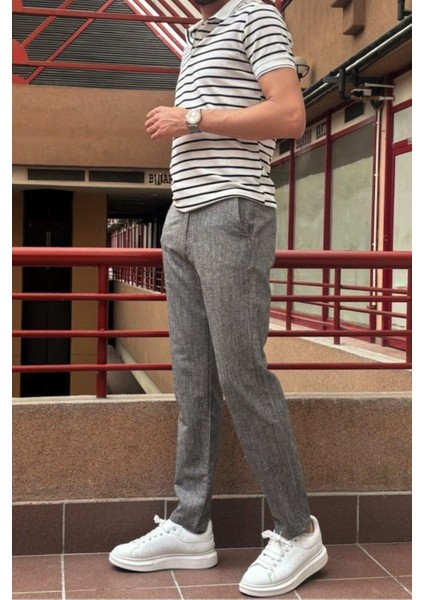 Erkek, bel lastikli, keten görünümlü, standart fit, bağcıklı dokuma pantolon 216-2 fiyatları