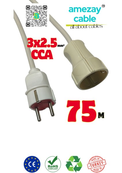 75 Metre Uzatma Kablosu Tek Prizli Cca 3x2.5mm² | Tamir Bakımda Yardımcı | Amezay Cable