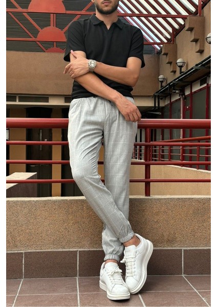 Erkek, bel bağcıklı, ekose desenli, Esnek kumaş, Pile detaylı, Jogger pantolon 24INP199K