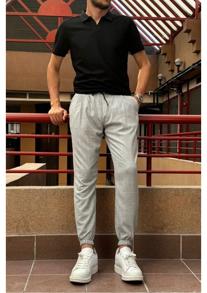 Erkek, bel bağcıklı, ekose desenli, Esnek kumaş, Pile detaylı, Jogger pantolon 24INP199K